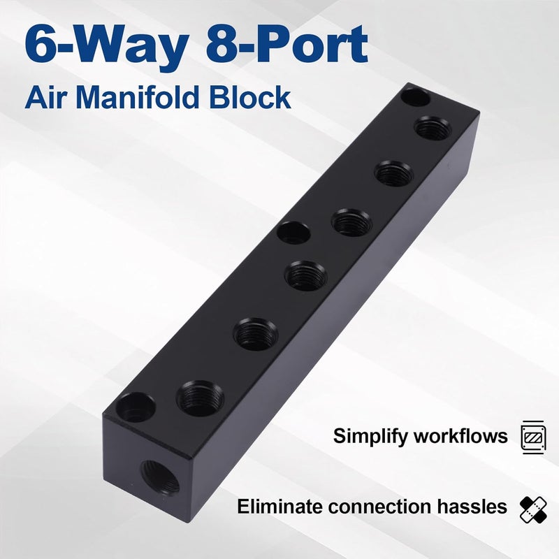 MARSTEK Air Manifold 1/4 NPT, Air Compressor Manifold, Air Hose Inline Manifold Block Splitter, Pneumatic Manifold Air Distribution Block, NPT 1/4 Inch Port (6 Way 8 Port) - Image 2